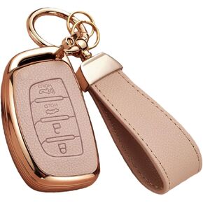 غطاء مفتاح Fob لشركة Hyundai مع سلسلة مفاتيح، جلد علوي + غطاء غطاء مفتاح ناعم من مادة TPU لسيارة Hyundai Elantra GT Ioniq Sonata Tucson 4 أزرار (بني) in Kuwait