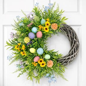 Easter Spring Wreath for Front Door, 24 Inch Handmade Floral with Pastel Eggs, Greenery and Sunflowers, Farmhouse Wall Decoration in Saudi Arabia
