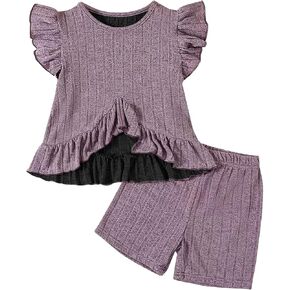 ملابس صيفية للبنات، أكمام مكشكشة، بلوزات وشورتات مضلعة، قطعتان من الملابس مقاس 4-8 in Kuwait