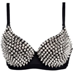 Punk Dancing Performance Gold Metallic Rivets Studded Strappy Bra Women Sexy Bras (S, Silver) in Saudi Arabia