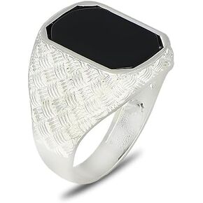 خاتم رجالي من حجر العقيق الصلب المطلي بالفضة – خاتم الخاتم من حجر العقيق المستطيل | جوانب بنمط الحياكة، مجوهرات عصرية للرجال من الفولاذ المقاوم للصدأ المتين in Kuwait