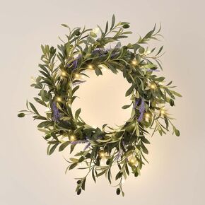 Olive Wreaths for Front Door, Porch, Window- 24 inch Artificial Greenery Wreath with Olive Leaves, Bean, Lavender Wreath, Home Decoration for Outdoor Living Room Indoor Wall, with LED Lights in Saudi Arabia