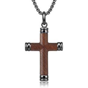 سلة عيد الفصح حشو الصليب قلادة خشبية للرجال النساء، الخشب الطبيعي الصليب المسيحي قلادة مع سلسلة الفولاذ المقاوم للصدأ، الإيمان قلادة الدينية هدية له لها in Kuwait