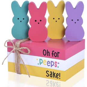 ديكورات أرنب عيد الفصح للمنزل، 7 قطع ديكور خشبي لعيد الفصح مع أرانب أرنب ملونة وأكوام كتب خشبية، ديكور قطع مركزية لطاولة الربيع لمكتب صينية متدرجة (4 أرانب) in Kuwait