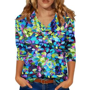 Womens V Neck T Shirts 3/4 Sleeve Casual Shirt Soft Flowers Print Basic Pile Collar Tops Fashion Outfits in Kuwait