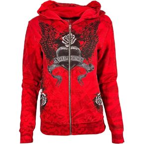 سترة Xtreme Couture من Affliction للسيدات بغطاء رأس بسحاب Love Hate، باللون الأحمر مع صليب مجنح ورسومات وردية in Kuwait