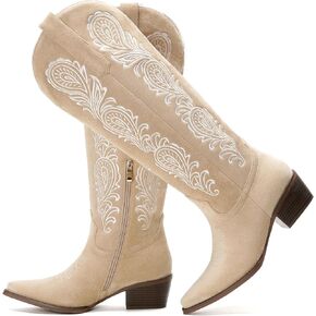 Cozivwaiy النساء أحذية رعاة البقر المطرزة الركبة عالية من جلد الغزال الأحذية 1.96 بوصة الكعب سحب على راعية البقر التمهيد واسعة العجل طويل القامة نصف سحاب مكتنزة مدببة in Kuwait