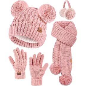 طقم قفازات شتوية للأطفال من HONGTEYA مكون من 4 قطع ووشاح وأغطية للأذنين للفتيات الصغيرات قبعة شتوية مبطنة بالصوف دافئة in Kuwait