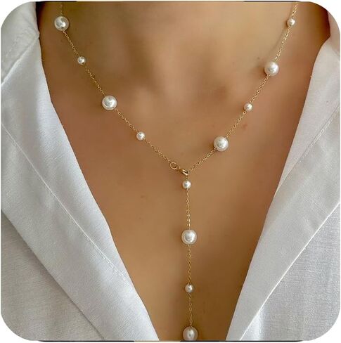 قلادة Lariat Pearl الذهبية للنساء - قلادة طويلة أنيقة مطلية بالذهب عيار 18 قيراط قلادة Lariat Y بمظهر بوهيمي قلادة ذهبية بسيطة مضادة للحساسية هدية للنساء in Saudi Arabia