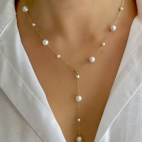 قلادة Lariat Pearl الذهبية للنساء - قلادة طويلة أنيقة مطلية بالذهب عيار 18 قيراط قلادة Lariat Y بمظهر بوهيمي قلادة ذهبية بسيطة مضادة للحساسية هدية للنساء in Saudi Arabia