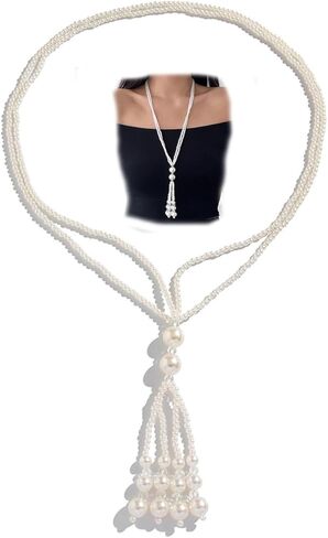 Long Pearl Chain Necklace for Women Vintage Big Pearl Tassel Y Necklace Chunky 1920s Beaded Jewelry Accessories Gift in Kuwait