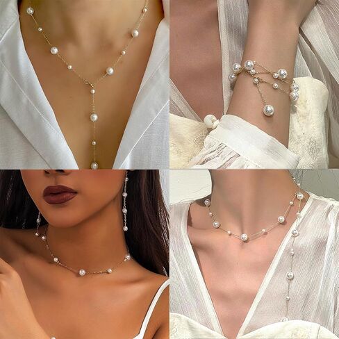 قلادة Lariat Pearl الذهبية للنساء - قلادة طويلة أنيقة مطلية بالذهب عيار 18 قيراط قلادة Lariat Y بمظهر بوهيمي قلادة ذهبية بسيطة مضادة للحساسية هدية للنساء in Saudi Arabia