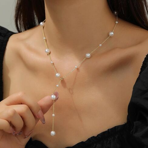 قلادة Lariat Pearl الذهبية للنساء - قلادة طويلة أنيقة مطلية بالذهب عيار 18 قيراط قلادة Lariat Y بمظهر بوهيمي قلادة ذهبية بسيطة مضادة للحساسية هدية للنساء in Saudi Arabia