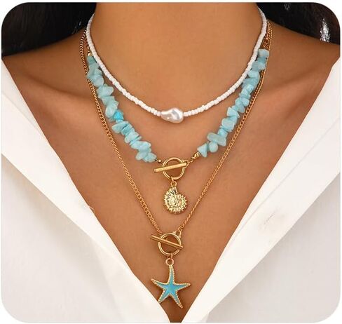 Layered Seashell Starfish Necklace for Women,Irregular Baroque Pearl OT Buckle Collarbone Chain,Personality Bohemian Turquoise Jewelry Accessories in Saudi Arabia