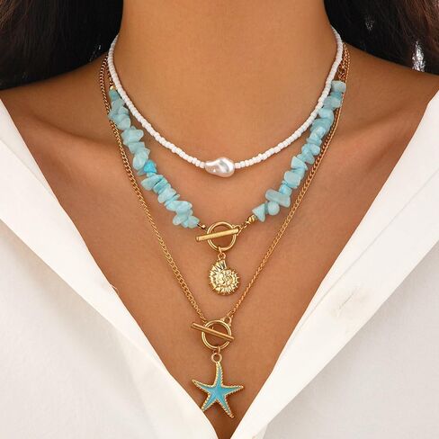 Layered Seashell Starfish Necklace for Women,Irregular Baroque Pearl OT Buckle Collarbone Chain,Personality Bohemian Turquoise Jewelry Accessories in Saudi Arabia