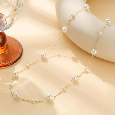 قلادة Lariat Pearl الذهبية للنساء - قلادة طويلة أنيقة مطلية بالذهب عيار 18 قيراط قلادة Lariat Y بمظهر بوهيمي قلادة ذهبية بسيطة مضادة للحساسية هدية للنساء in Saudi Arabia