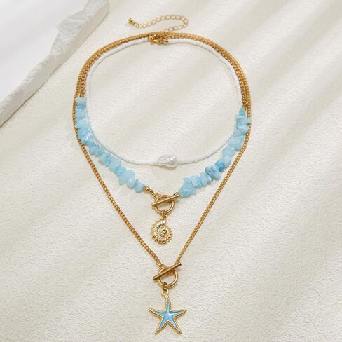 Layered Seashell Starfish Necklace for Women,Irregular Baroque Pearl OT Buckle Collarbone Chain,Personality Bohemian Turquoise Jewelry Accessories in Saudi Arabia