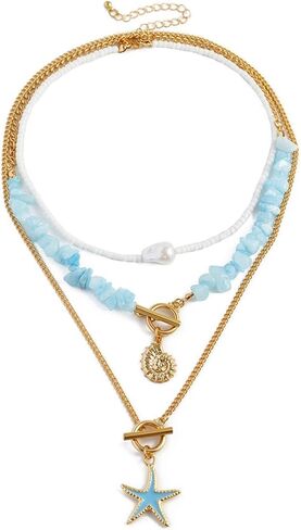 Layered Seashell Starfish Necklace for Women,Irregular Baroque Pearl OT Buckle Collarbone Chain,Personality Bohemian Turquoise Jewelry Accessories in Saudi Arabia