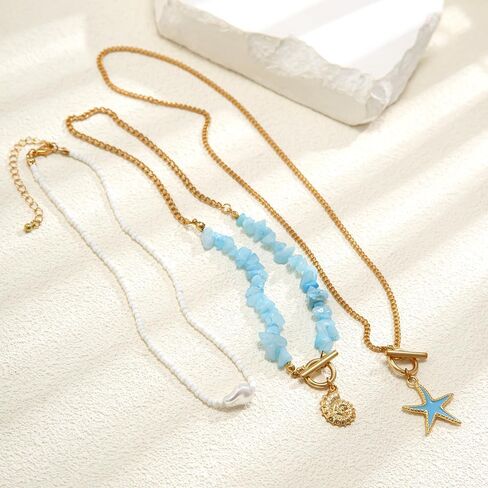 Layered Seashell Starfish Necklace for Women,Irregular Baroque Pearl OT Buckle Collarbone Chain,Personality Bohemian Turquoise Jewelry Accessories in Saudi Arabia