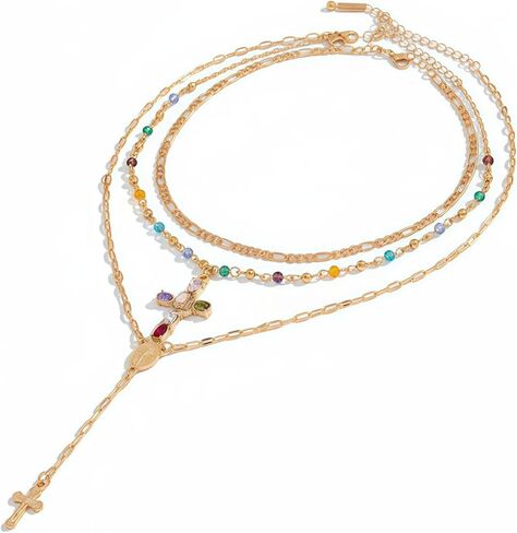 4Pcs Layered Gold Cross Necklaces Set for Women Bohemian Chunky Adjustable Rhinestone Necklace Big Y Long Cross Pendan with Colorful Beads Fashion Statement y2k Jewelry in Saudi Arabia