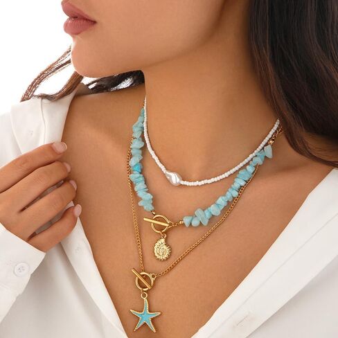 Layered Seashell Starfish Necklace for Women,Irregular Baroque Pearl OT Buckle Collarbone Chain,Personality Bohemian Turquoise Jewelry Accessories in Saudi Arabia