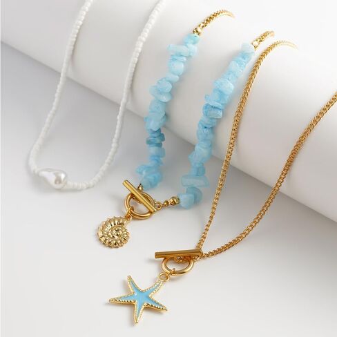 Layered Seashell Starfish Necklace for Women,Irregular Baroque Pearl OT Buckle Collarbone Chain,Personality Bohemian Turquoise Jewelry Accessories in Saudi Arabia