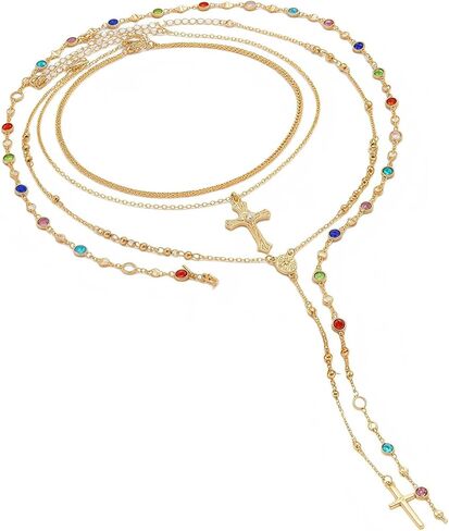 4Pcs Layered Gold Cross Necklaces Set for Women Bohemian Chunky Adjustable Rhinestone Necklace Big Y Long Cross Pendan with Colorful Beads Fashion Statement y2k Jewelry in Saudi Arabia