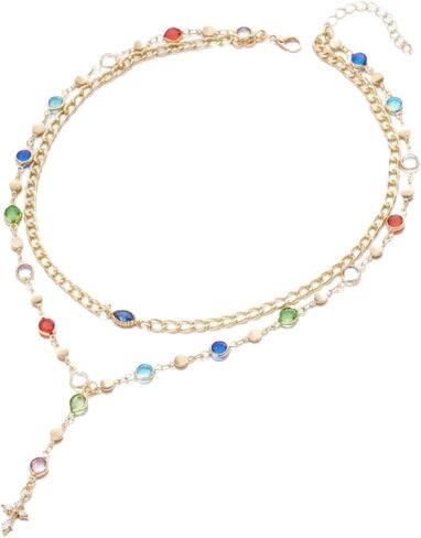 4Pcs Layered Gold Cross Necklaces Set for Women Bohemian Chunky Adjustable Rhinestone Necklace Big Y Long Cross Pendan with Colorful Beads Fashion Statement y2k Jewelry in Saudi Arabia