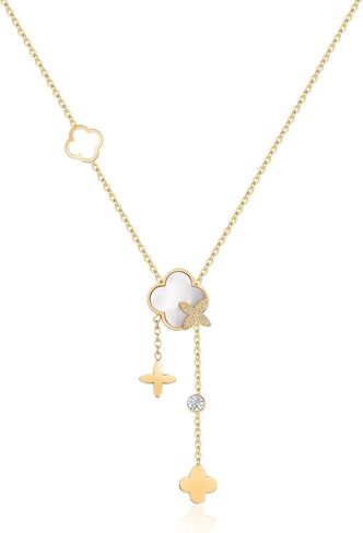 SHINYSO Clover Pendant Y Necklace for Women 18K Gold Plated Stainless Steel Dainty Four Leaf Lucky Flower CZ Drop Long Necklaces in Saudi Arabia