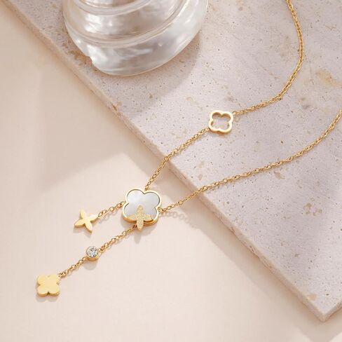 SHINYSO Clover Pendant Y Necklace for Women 18K Gold Plated Stainless Steel Dainty Four Leaf Lucky Flower CZ Drop Long Necklaces in Saudi Arabia