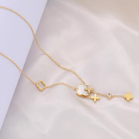 SHINYSO Clover Pendant Y Necklace for Women 18K Gold Plated Stainless Steel Dainty Four Leaf Lucky Flower CZ Drop Long Necklaces in Saudi Arabia