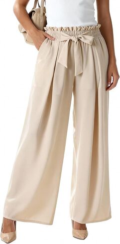 Wide Leg Casual Business Pants for Women Palazzo Trousers High Waisted Belted Flowy Summer Beach Long Slacks Pockets in Saudi Arabia
