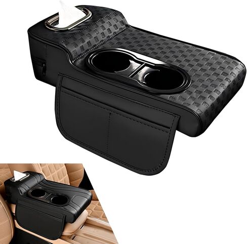 Car Center Console Cover, Microfiber Leather Car Armrest Cover Cushion with 2 Storage Bags, Cup Holders, Tissue Box Slot, Universal Car Armrest Storage Box for Most Vehicles (Black) in Saudi Arabia