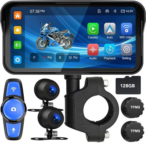 شاشة Apple Carplay & Android Auto المحمولة اللاسلكية للدراجات النارية، كاميرا دراجة نارية/كاميرا داش للدراجة النارية، TPMS، شاشة لمس ملاحة GPS للدراجات النارية مقاس 5 بوصات، مستشعر G، بطاقة TF سعة 128 جيجابايت in Kuwait