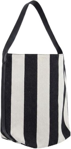 Women's Canvas Bucket Bag Black and White Striped Shoulder Purse Minimalist Hobo Tote Handbag with Vegan Leather Strap for Work Travel and Daily Use in Saudi Arabia