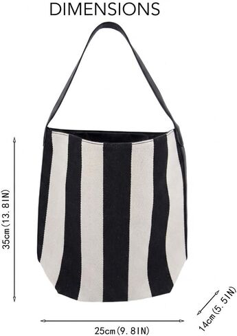 Women's Canvas Bucket Bag Black and White Striped Shoulder Purse Minimalist Hobo Tote Handbag with Vegan Leather Strap for Work Travel and Daily Use in Saudi Arabia