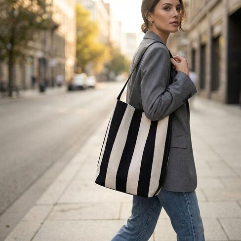 Women's Canvas Bucket Bag Black and White Striped Shoulder Purse Minimalist Hobo Tote Handbag with Vegan Leather Strap for Work Travel and Daily Use in Saudi Arabia
