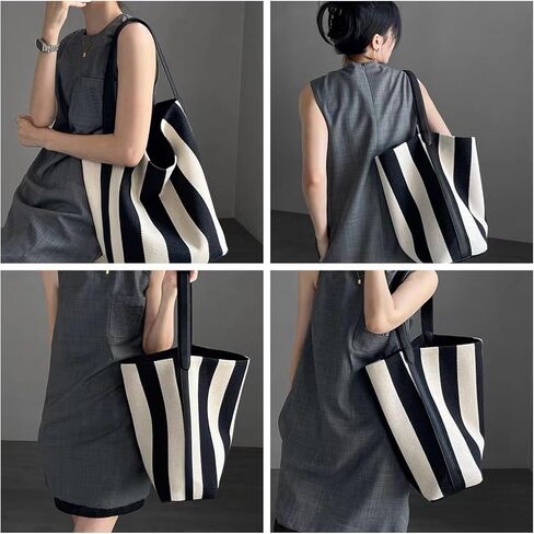 Women's Canvas Bucket Bag Black and White Striped Shoulder Purse Minimalist Hobo Tote Handbag with Vegan Leather Strap for Work Travel and Daily Use in Saudi Arabia