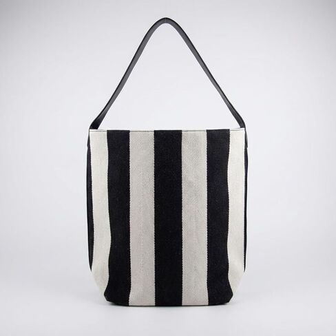 Women's Canvas Bucket Bag Black and White Striped Shoulder Purse Minimalist Hobo Tote Handbag with Vegan Leather Strap for Work Travel and Daily Use in Saudi Arabia