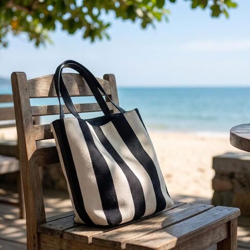 Women's Canvas Bucket Bag Black and White Striped Shoulder Purse Minimalist Hobo Tote Handbag with Vegan Leather Strap for Work Travel and Daily Use in Saudi Arabia