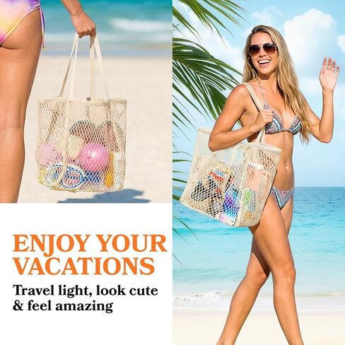 حقائب الشاطئ Ofiray-home للنساء - حقيبة حمل شبكية قطنية كبيرة هوبو، حقيبة شاطئ صيفية، حقيبة كتف عائلية قابلة لإعادة الاستخدام مع جيب داخلي كبير، ضرورية للسفر/عطلة الشاطئ/النزهة in Kuwait