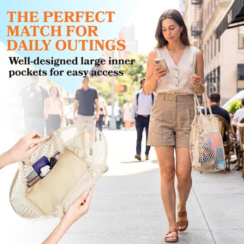 حقائب الشاطئ Ofiray-home للنساء - حقيبة حمل شبكية قطنية كبيرة هوبو، حقيبة شاطئ صيفية، حقيبة كتف عائلية قابلة لإعادة الاستخدام مع جيب داخلي كبير، ضرورية للسفر/عطلة الشاطئ/النزهة in Kuwait