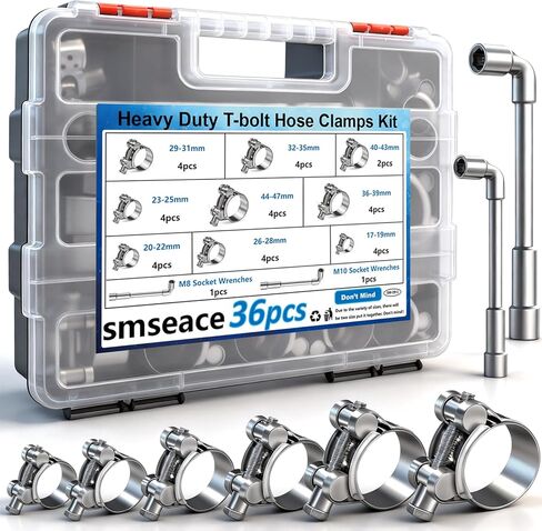 smseace 4 قطع 23-25 ​​مم T مشابك خرطوم من الفولاذ المقاوم للصدأ 304 مشابك T-bolt مع مفتاح ربط M8 تستخدم في الصناعة والسيارات والسفن والآلات مشابك خرطوم شديدة التحمل in Saudi Arabia