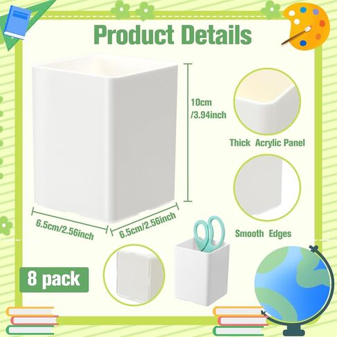 Jutom 8 Pcs White Acrylic Pen Holder for Desk, Pencil Cup Bulk Makeup Brush Storage Organizer, Desktop Pencil Cup Stationery Desktop Stationery Organizer for Office School Home Supplies in Saudi Arabia