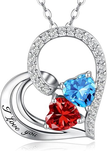 Double Birthstone Heart Necklace 0.8CT Dual-Gemstone S925 Sterling Silver Plated White Gold Engraved "I Love You" Perfect Anniversary/Valentine's Day Gift for Wife/Girlfriend/Mom/Daughter (01-01-Jan-Jan Birthstone) in Kuwait