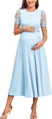AISWI Elegant 3D Floral Mesh Sleeve Maternity Dress Round Neck Ribbed Knit Midi A-Line Belted Dresses for Baby Shower in Saudi Arabia