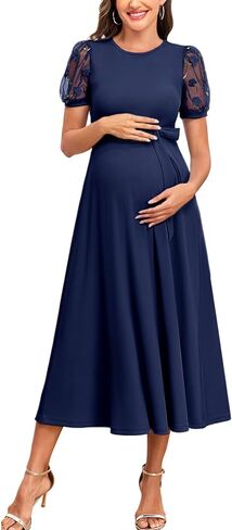 AISWI Elegant 3D Floral Mesh Sleeve Maternity Dress Round Neck Ribbed Knit Midi A-Line Belted Dresses for Baby Shower in Saudi Arabia