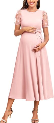 AISWI Elegant 3D Floral Mesh Sleeve Maternity Dress Round Neck Ribbed Knit Midi A-Line Belted Dresses for Baby Shower in Saudi Arabia