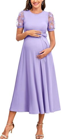 AISWI Elegant 3D Floral Mesh Sleeve Maternity Dress Round Neck Ribbed Knit Midi A-Line Belted Dresses for Baby Shower in Saudi Arabia