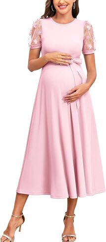 AISWI Elegant 3D Floral Mesh Sleeve Maternity Dress Round Neck Ribbed Knit Midi A-Line Belted Dresses for Baby Shower in Saudi Arabia